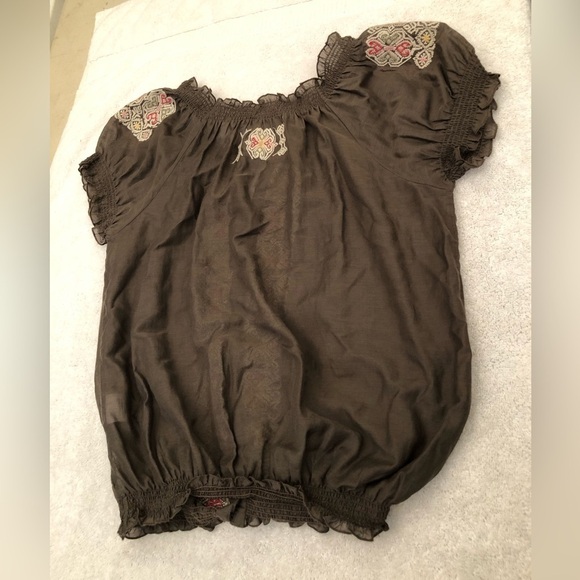 Joie Brown Embroidered Wooden Buttons Silk Blend Short Sleeve Blouse Top Small - Picture 14 of 16